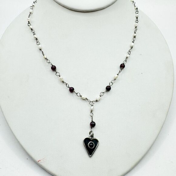 Ster Silver Pearl Cranberry Glass Heart Y Drop Necklace Bohemian Artisan Unique - Picture 1 of 8